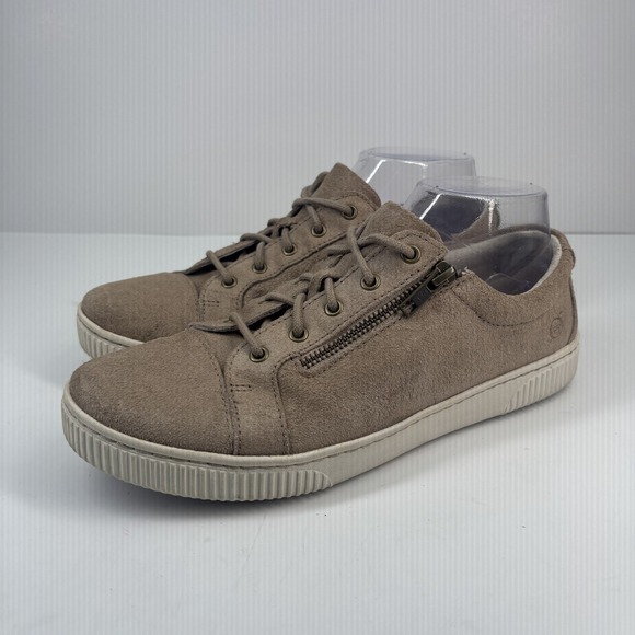 Børn Shoes - Born Tamara Women's US 10M Taupe Suede Low-Top‎ Casual Sneakers Lace-Up Side Zip